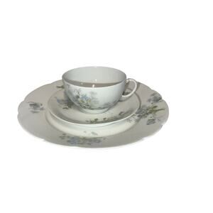 Vintage J.P. Limoges France Tea Trio Cup Saucer Plate Blue Daisy J. Pouyat